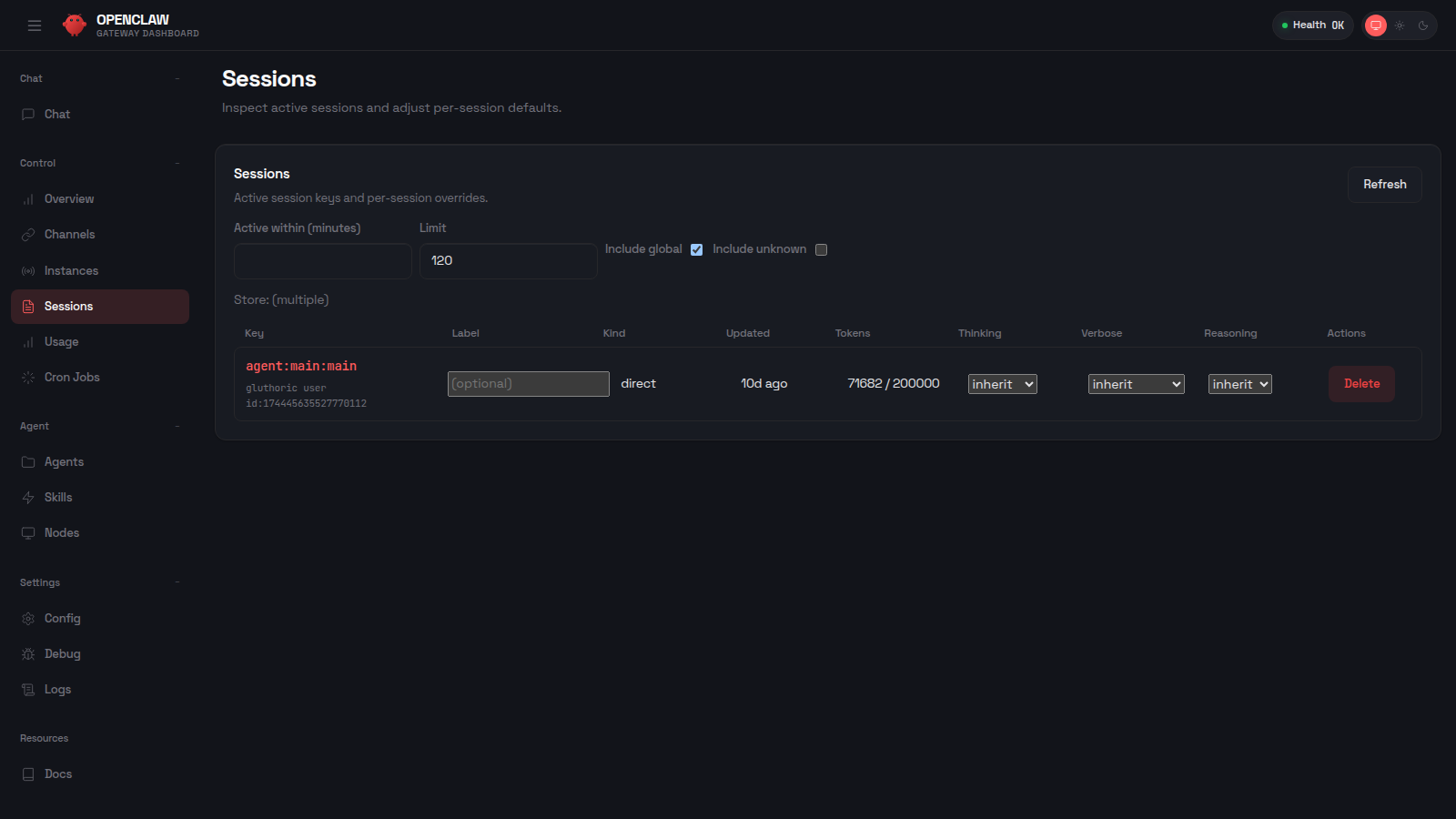 Sessions page screenshot