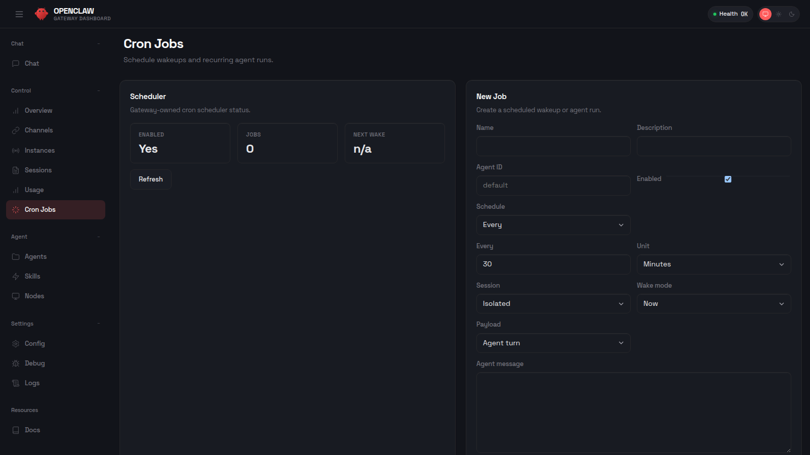 Agent Cron Jobs tab screenshot