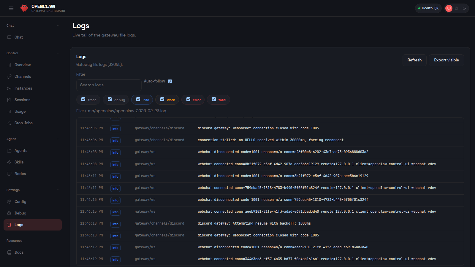 Logs page screenshot