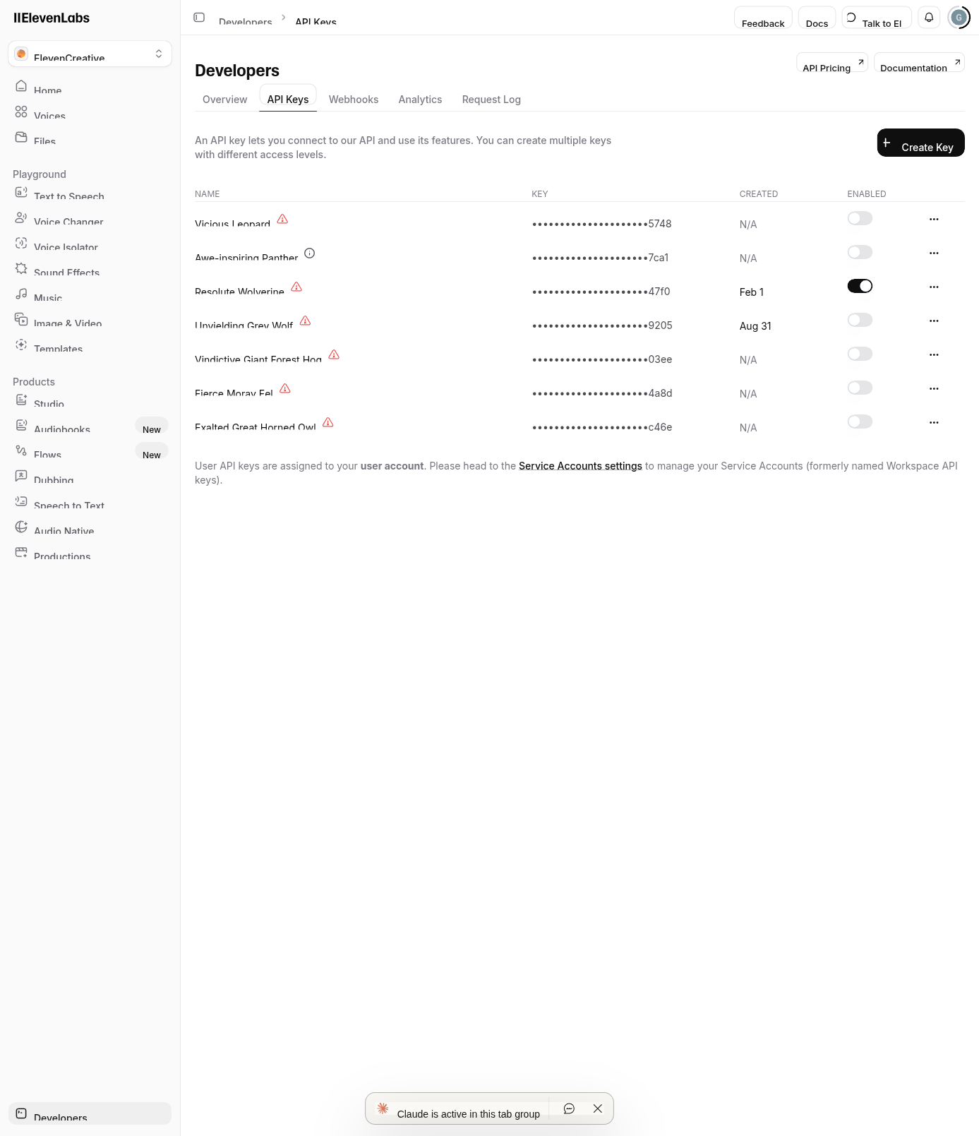 ElevenLabs Developers page showing API Keys tab with Create Key button