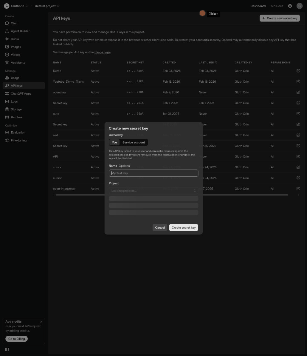 OpenAI Platform: Click Create new secret key, configure options, click Create